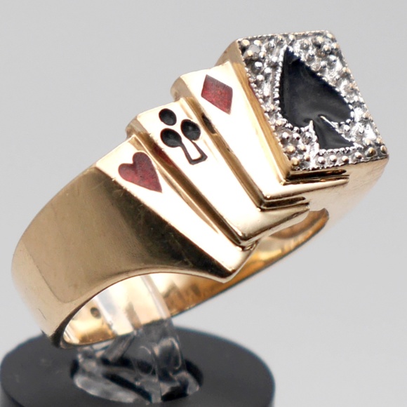 10k Gold Men’s Ring Poker Cards Diamond and Enamel SOLID Yellow Gold - Picture 3 of 8